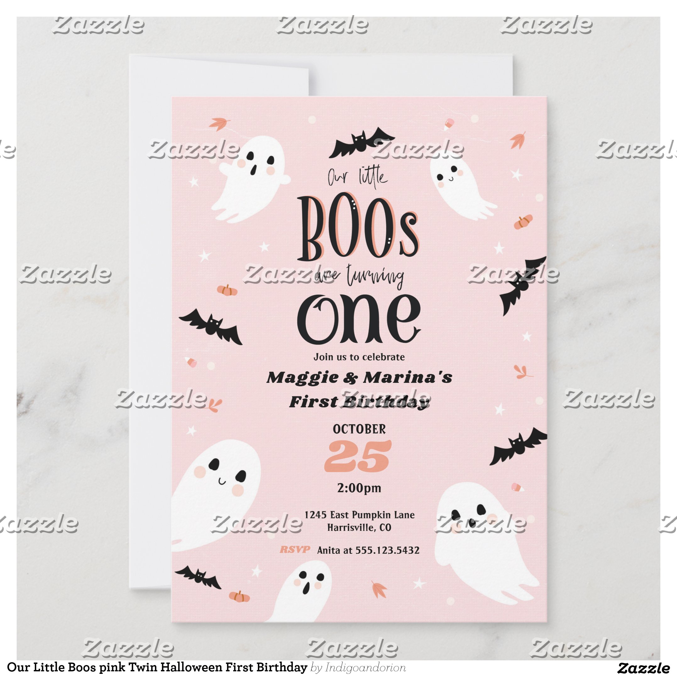 Our Little Boos pink Twin Halloween First Birthday Invitation