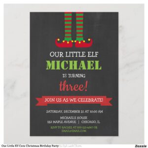 Our Little Elf Cute Christmas Birthday Party Invitation