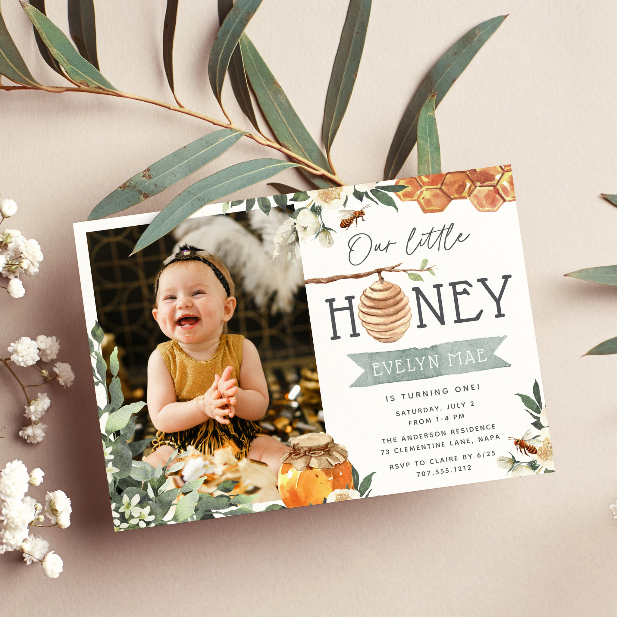 Our Little Honey Bee Theme Photo Birthday Party Invitation