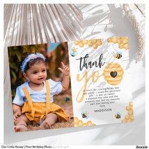 Our Little Honey First Birthday Photo Thank You Card
