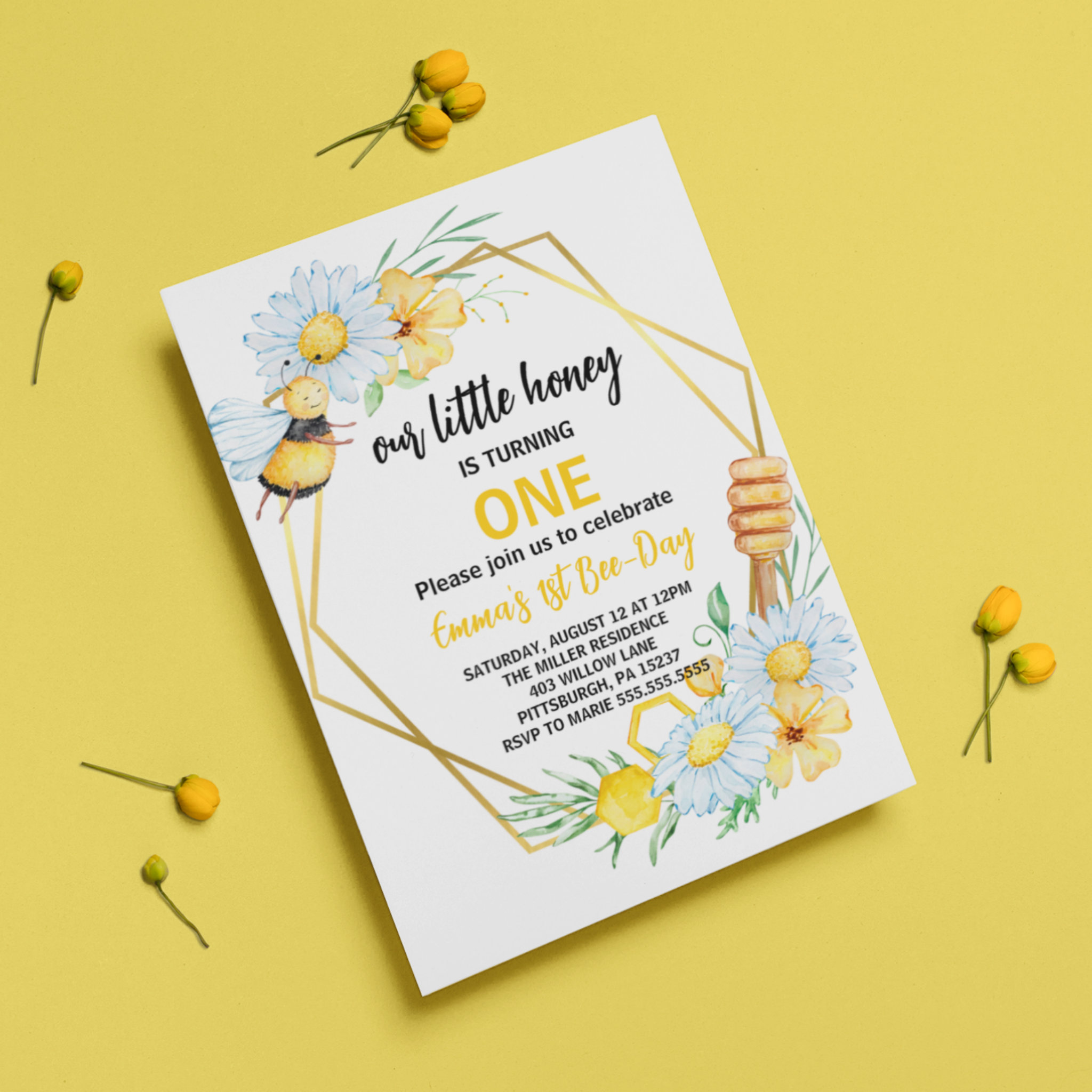Our Little Honey Is Turning One Bee 1st Birthday Invitation