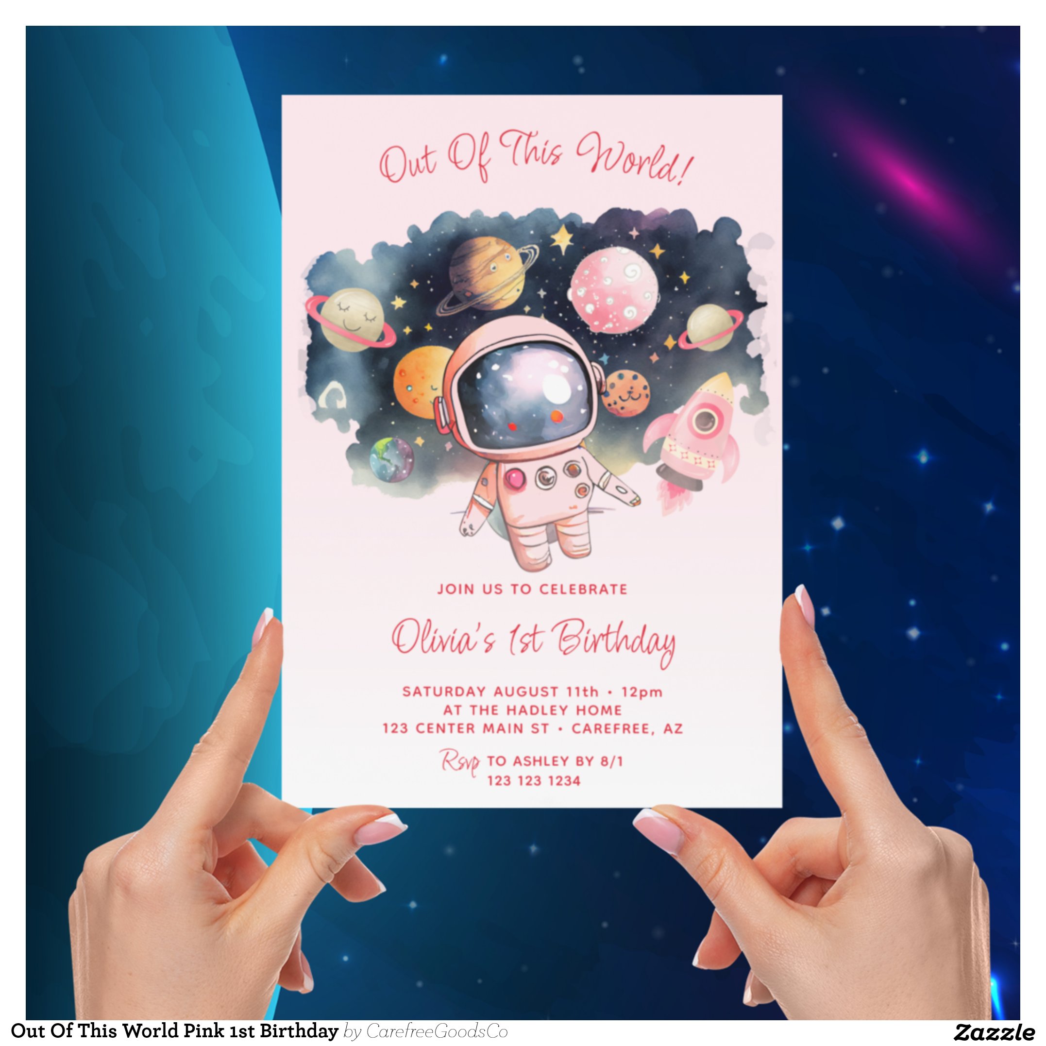 Out Of This World Pink 1st Birthday Invitation