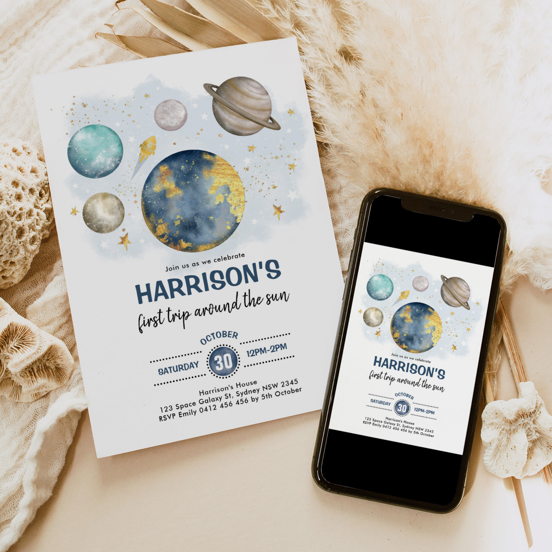 Outer Space 1st Birthday Galaxy Moon Stars Planets Invitation