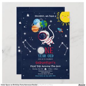 Outer Space 1st Birthday Party Astronaut Rocket Invitation