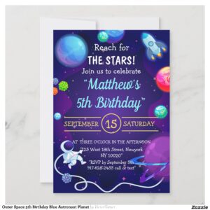 Outer Space 5th Birthday Blue Astronaut Planet Invitation