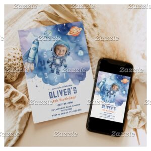 Outer Space Astronaut countdown 4th birthday Photo Invitation