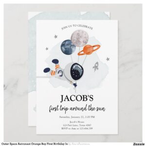 Outer Space Astronaut Orange Boy First Birthday In Invitation