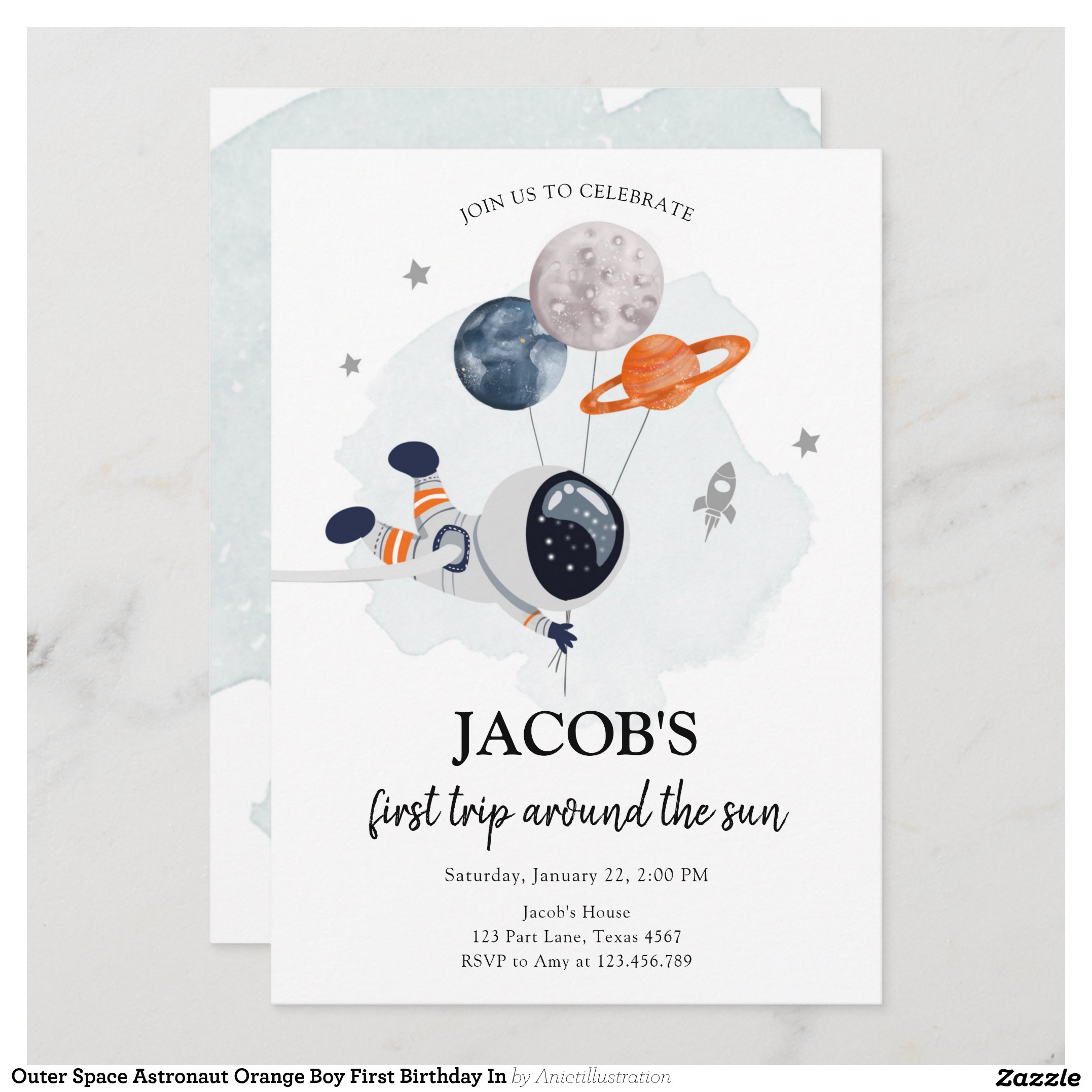 Outer Space Astronaut Orange Boy First Birthday In Invitation