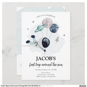 Outer Space Astronaut Orange Boy First Birthday In Invitation