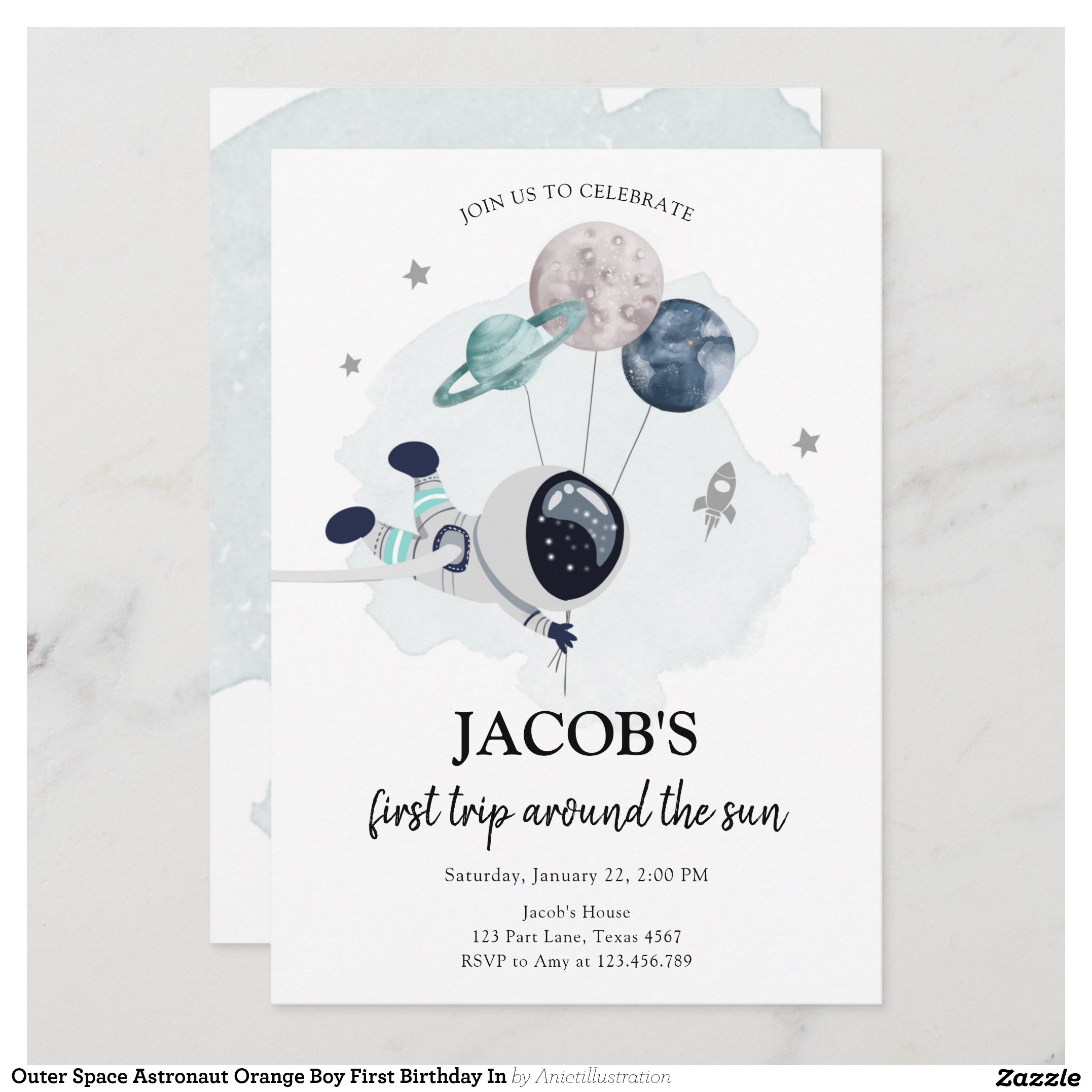 Outer Space Astronaut Orange Boy First Birthday In Invitation