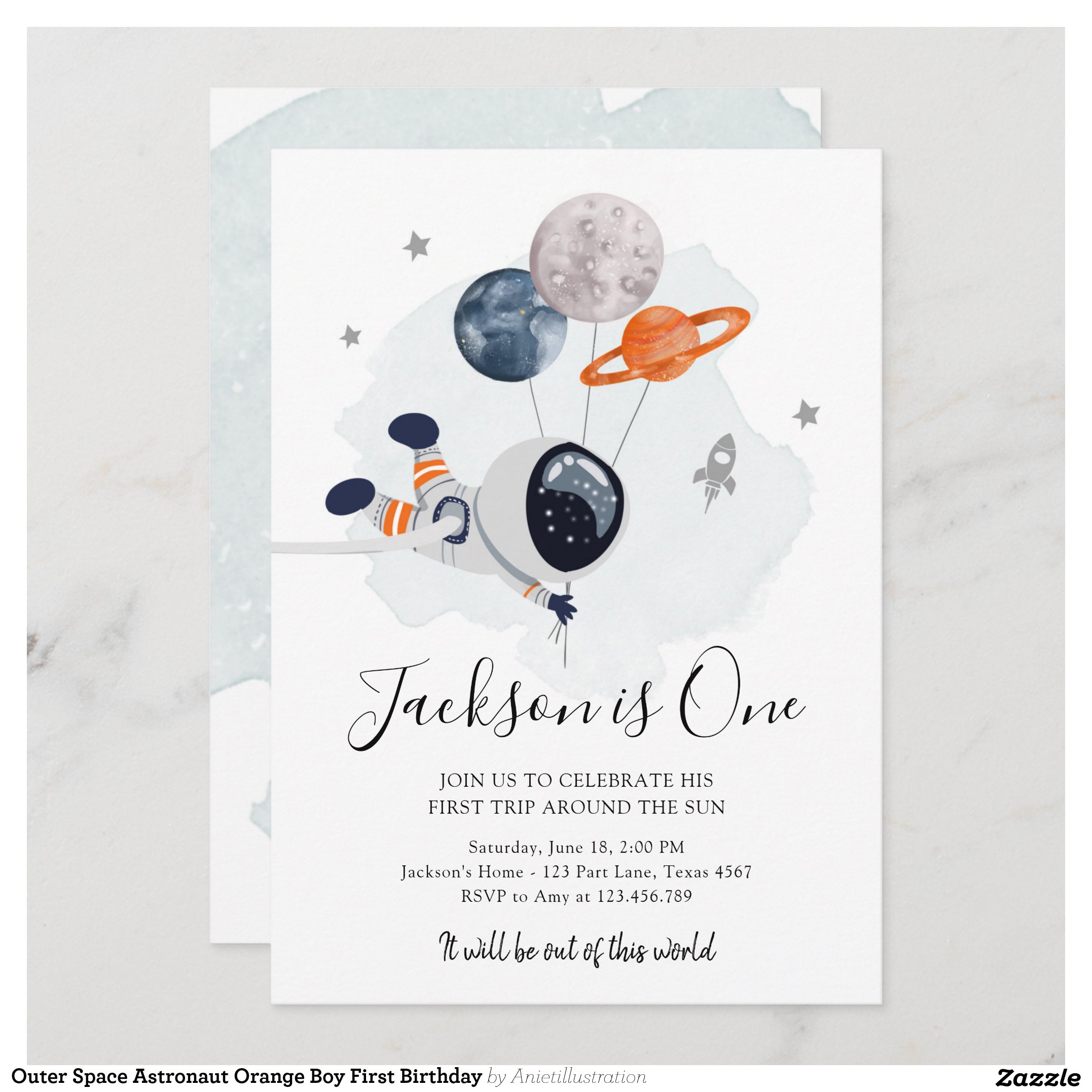 Outer Space Astronaut Orange Boy First Birthday Invitation
