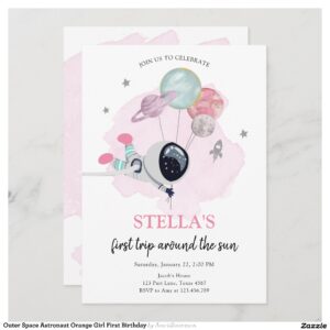Outer Space Astronaut Orange Girl First Birthday Invitation