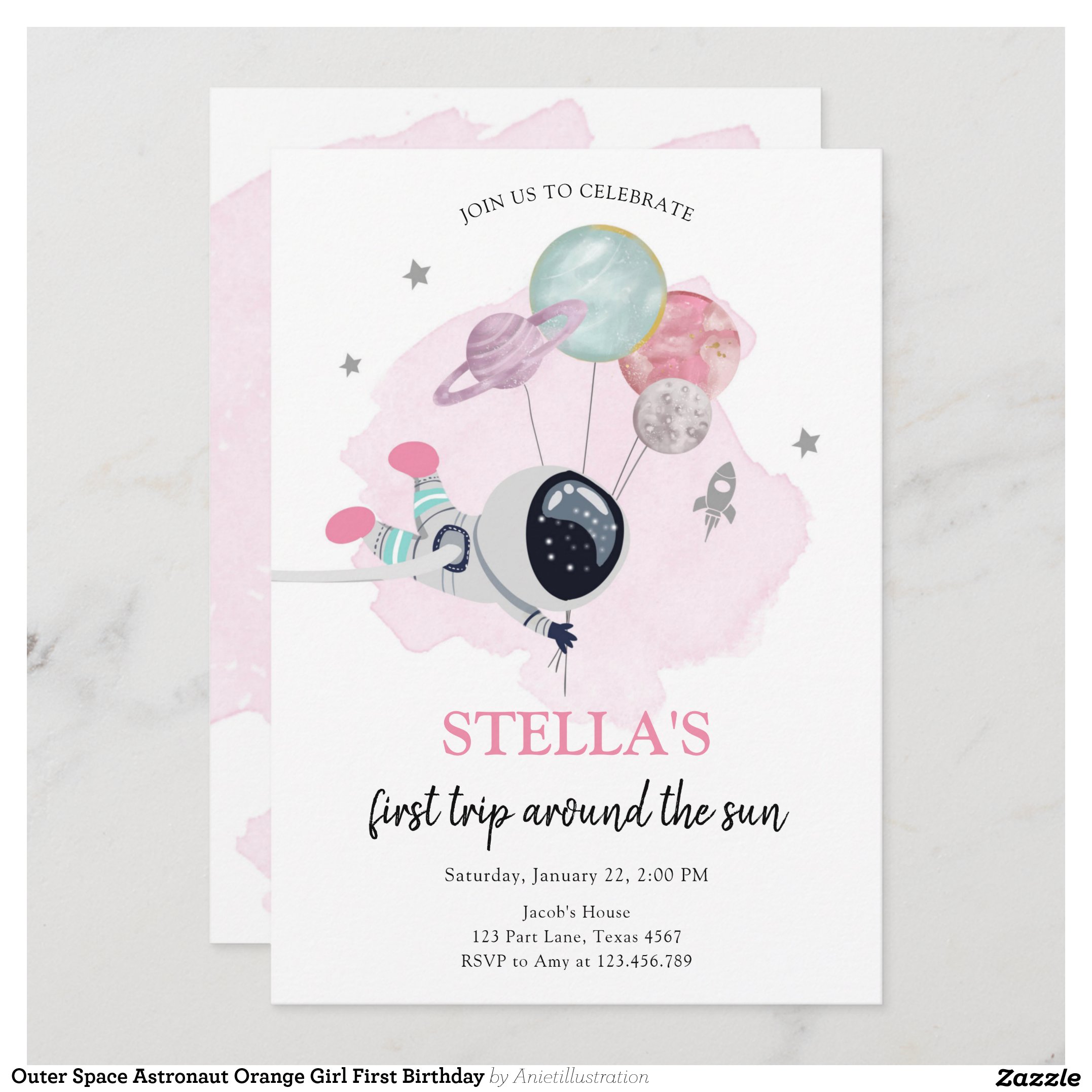 Outer Space Astronaut Orange Girl First Birthday Invitation