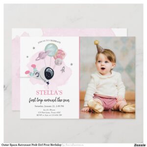 Outer Space Astronaut Pink Girl First Birthday Invitation