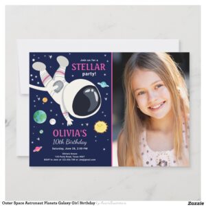 Outer Space Astronaut Planets Galaxy Girl Birthday Invitation