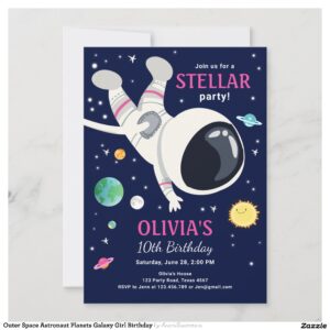 Outer Space Astronaut Planets Galaxy Girl Birthday Invitation