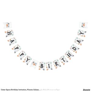 Outer Space Birthday Invitation, Planets Galaxy In Bunting Flags