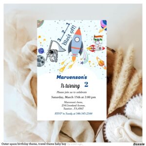 Outer space birthday theme, travel theme baby boy invitation