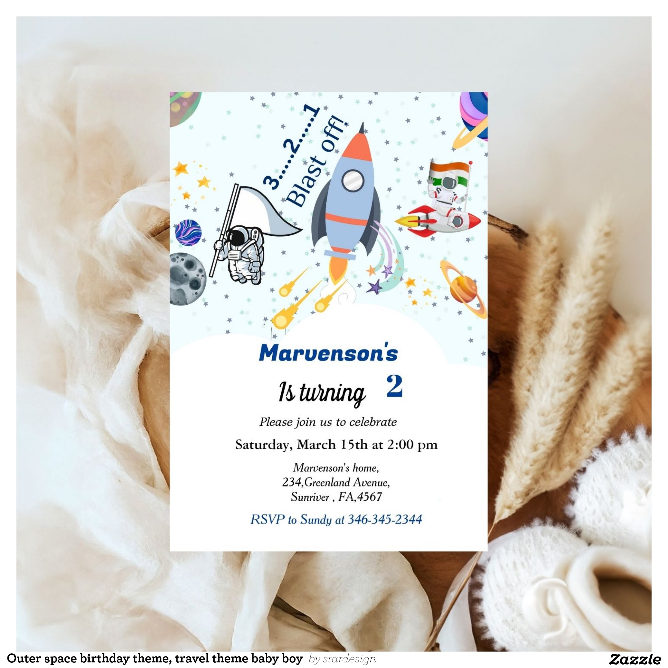 Outer space birthday theme, travel theme baby boy invitation