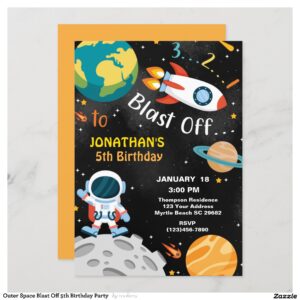 Outer Space Blast Off 5th Birthday Party Invitation