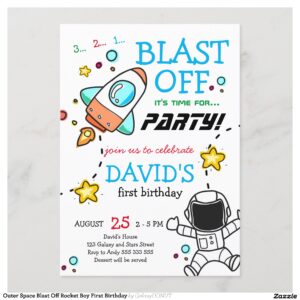Outer Space Blast Off Rocket Boy First Birthday Invitation