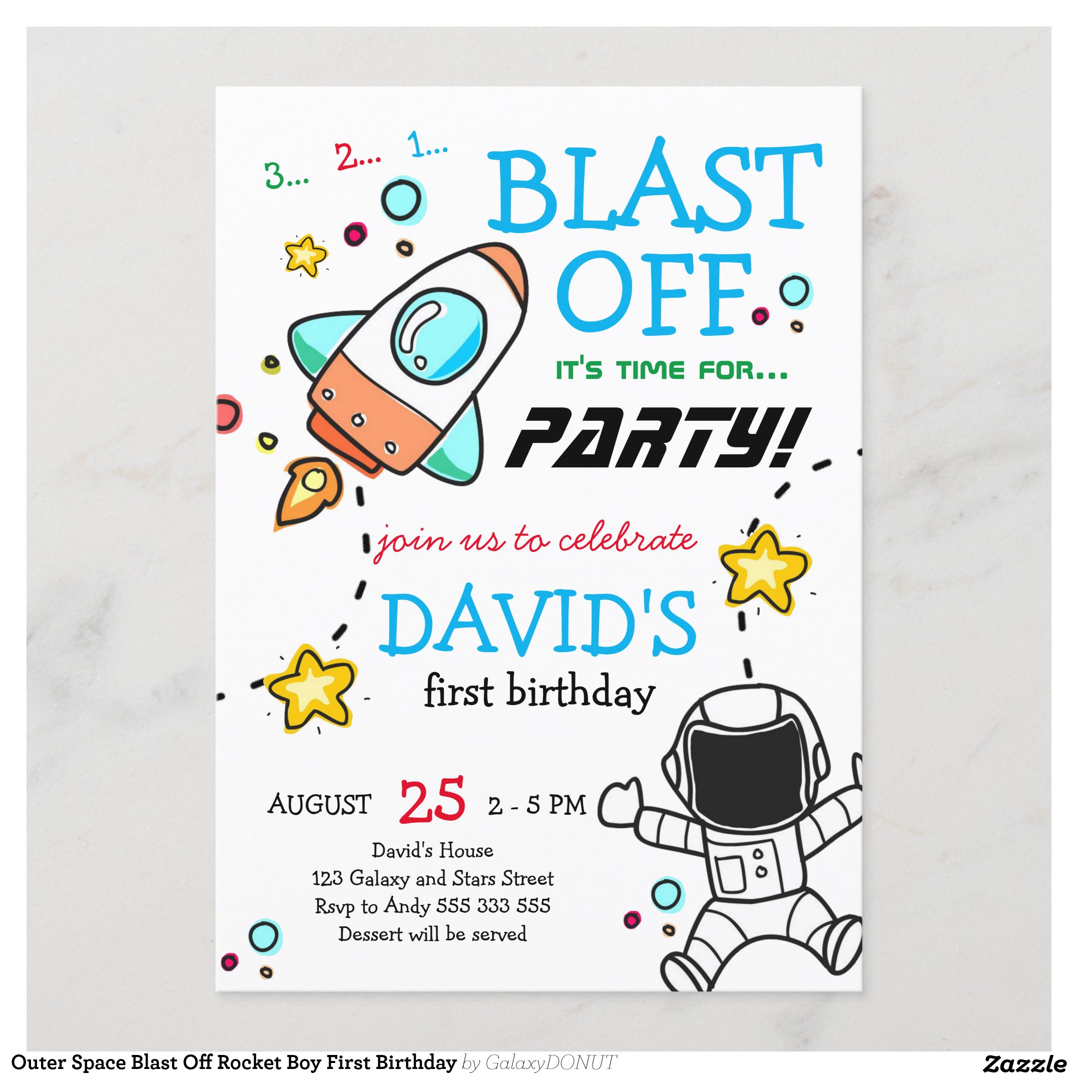 Outer Space Blast Off Rocket Boy First Birthday Invitation