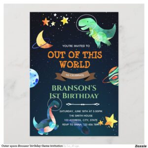 Outer space dinosaur birthday theme invitation