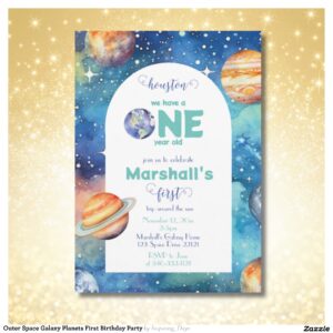 Outer Space Galaxy Planets First Birthday Party Invitation
