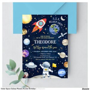 Outer Space Galaxy Planets Rocket Birthday Invitation