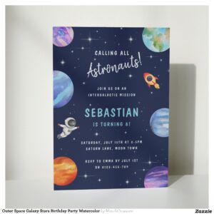 Outer Space Galaxy Stars Birthday Party Watercolor Invitation