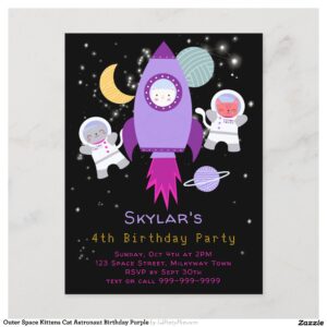 Outer Space Kittens Cat Astronaut Birthday Purple Invitation Postcard