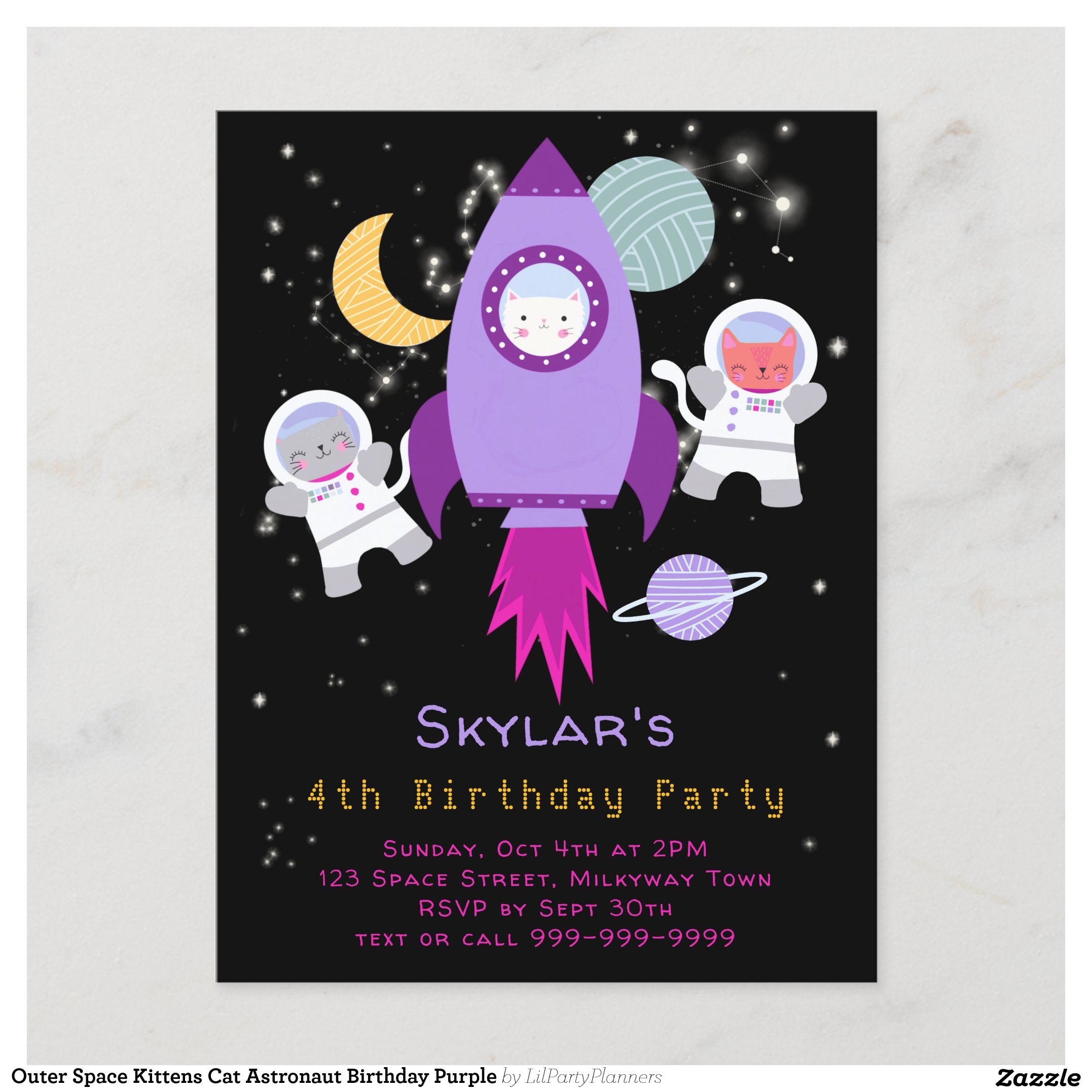 Outer Space Kittens Cat Astronaut Birthday Purple Invitation Postcard