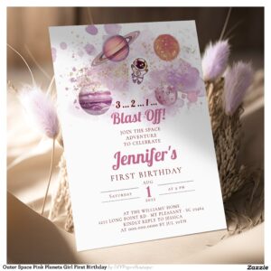 Outer Space Pink Planets Girl First Birthday Invitation