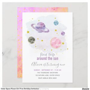 Outer Space Planet Girl First Birthday Invitation