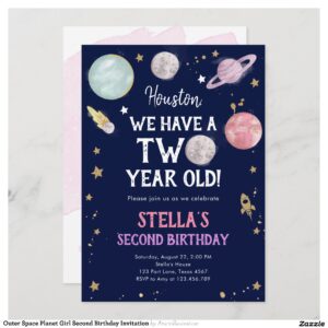 Outer Space Planet Girl Second Birthday Invitation