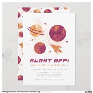 Outer Space Planet Watercolor Girl 4th Birthday Invitation