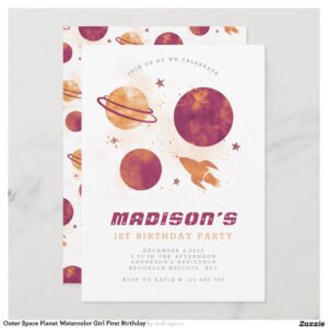 Outer Space Planet Watercolor Girl First Birthday Invitation