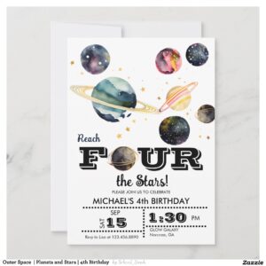Outer Space Planets and Stars 4th Birthday Invitation