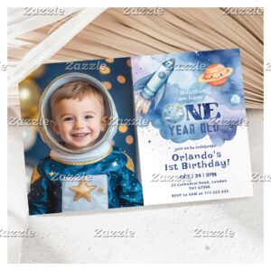 Outer space planets Boy 1st birthday photo Invitation