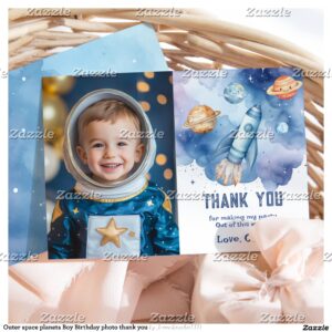 Outer space planets Boy Birthday photo thank you Invitation