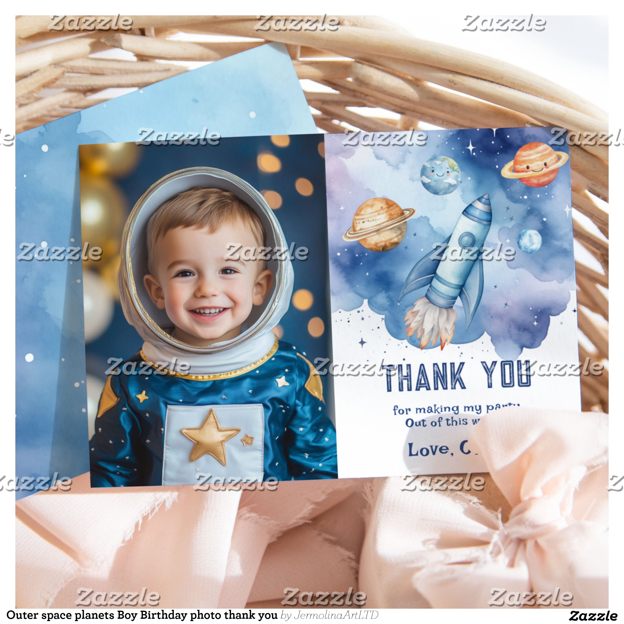 Outer space planets Boy Birthday photo thank you Invitation