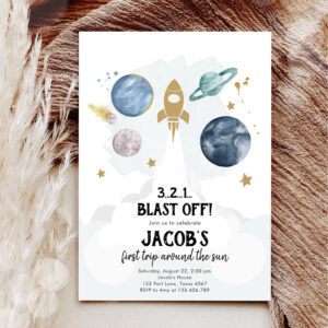 Outer Space Planets Boy First Birthday Invitation