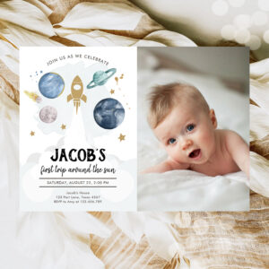 Outer Space Planets Boy First Birthday Invitation