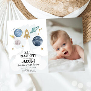 Outer Space Planets Boy First Birthday Invitation