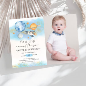 Outer Space Planets Boy First Birthday Photo Invitation