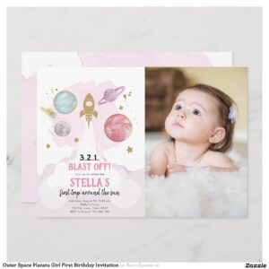 Outer Space Planets Girl First Birthday Invitation