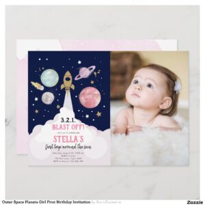 Outer Space Planets Girl First Birthday Invitation