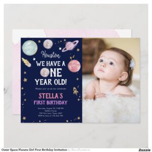 Outer Space Planets Girl First Birthday Invitation