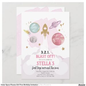 Outer Space Planets Girl First Birthday Invitation