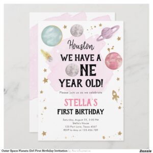 Outer Space Planets Girl First Birthday Invitation